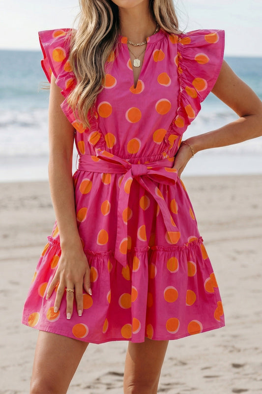 Double Polka Dot V Neck Ruffled Short Sleeve Dress