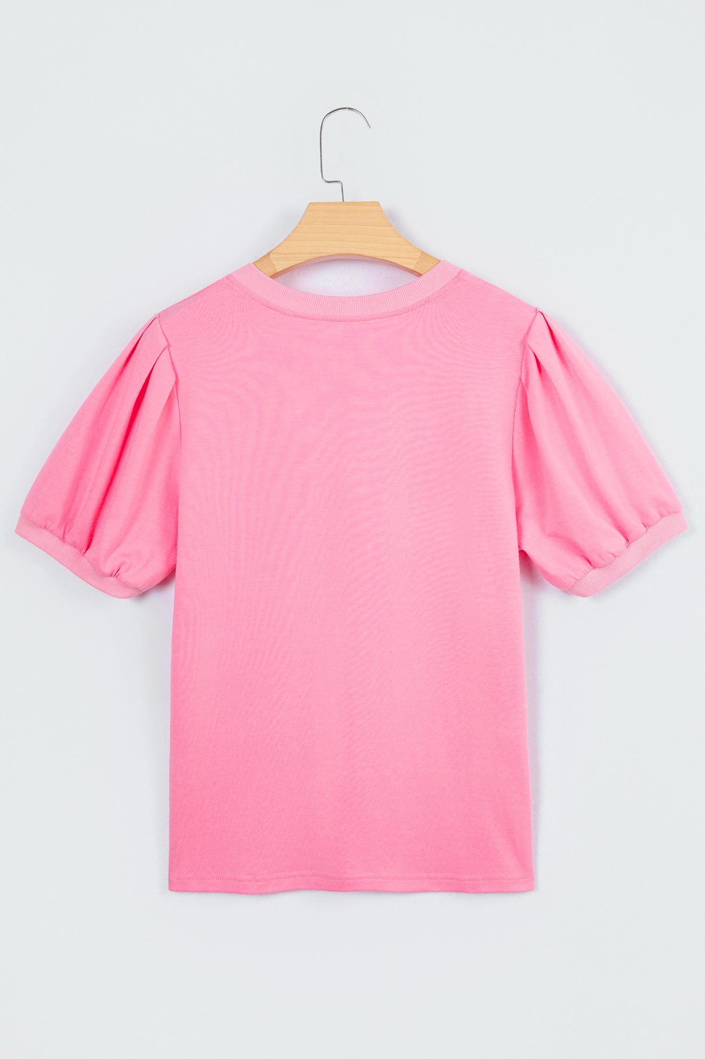 Pink Solid Color V Neck Short Puff Sleeve Blouse