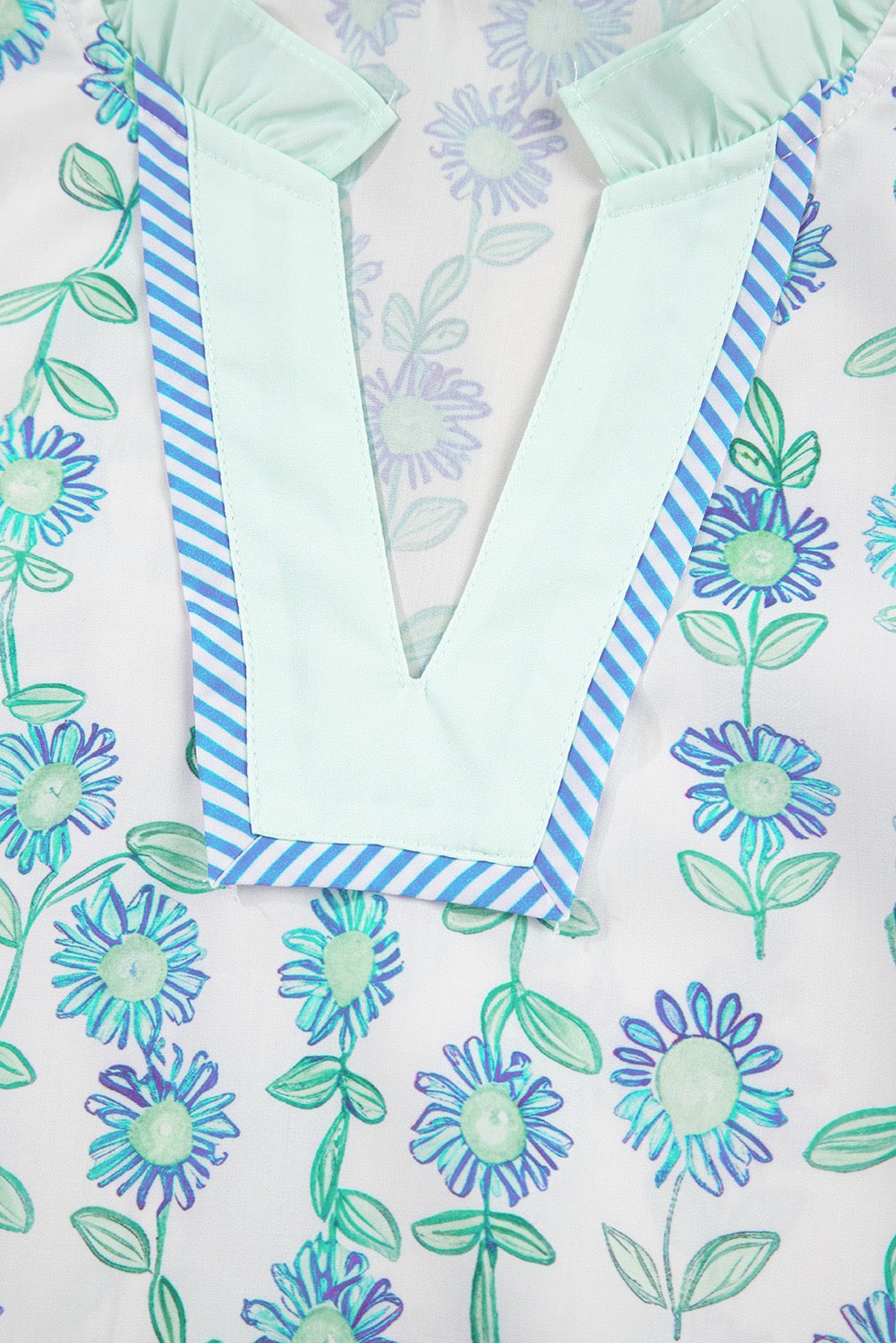 Green Floral Print Striped Detail Contrast V Neck Patchwork Flutter Sleeve Top