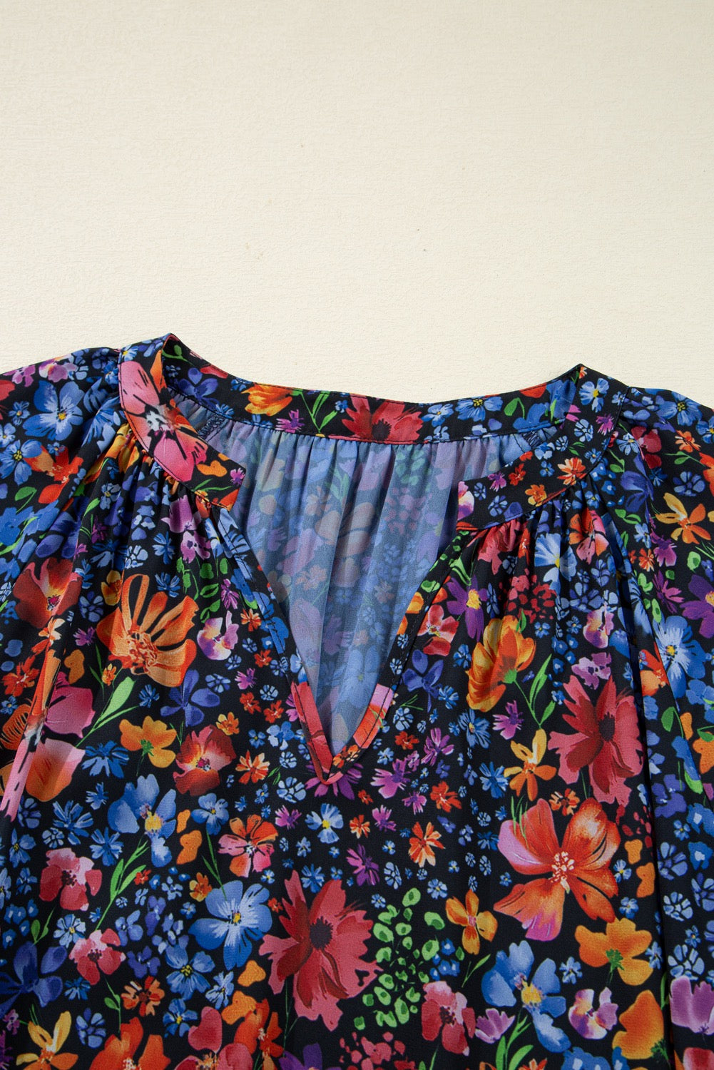 Blue Floral Print Tassel Tie V Neck Long Sleeve Flowy Dress