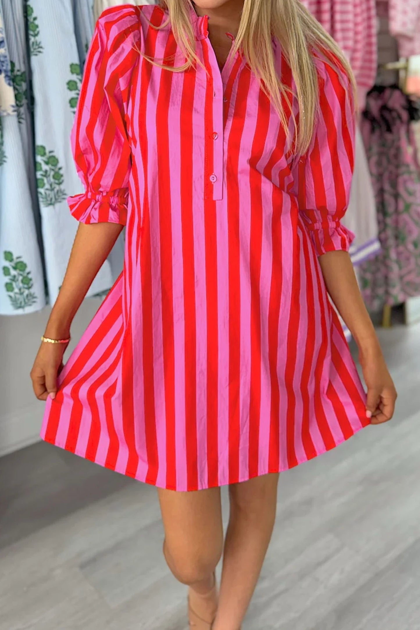Red Stripe Half Button Puff Sleeve Dress