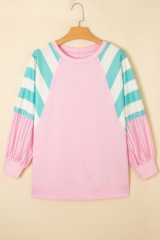 Pink Striped Patchwork Raglan Pullover Top with Slits