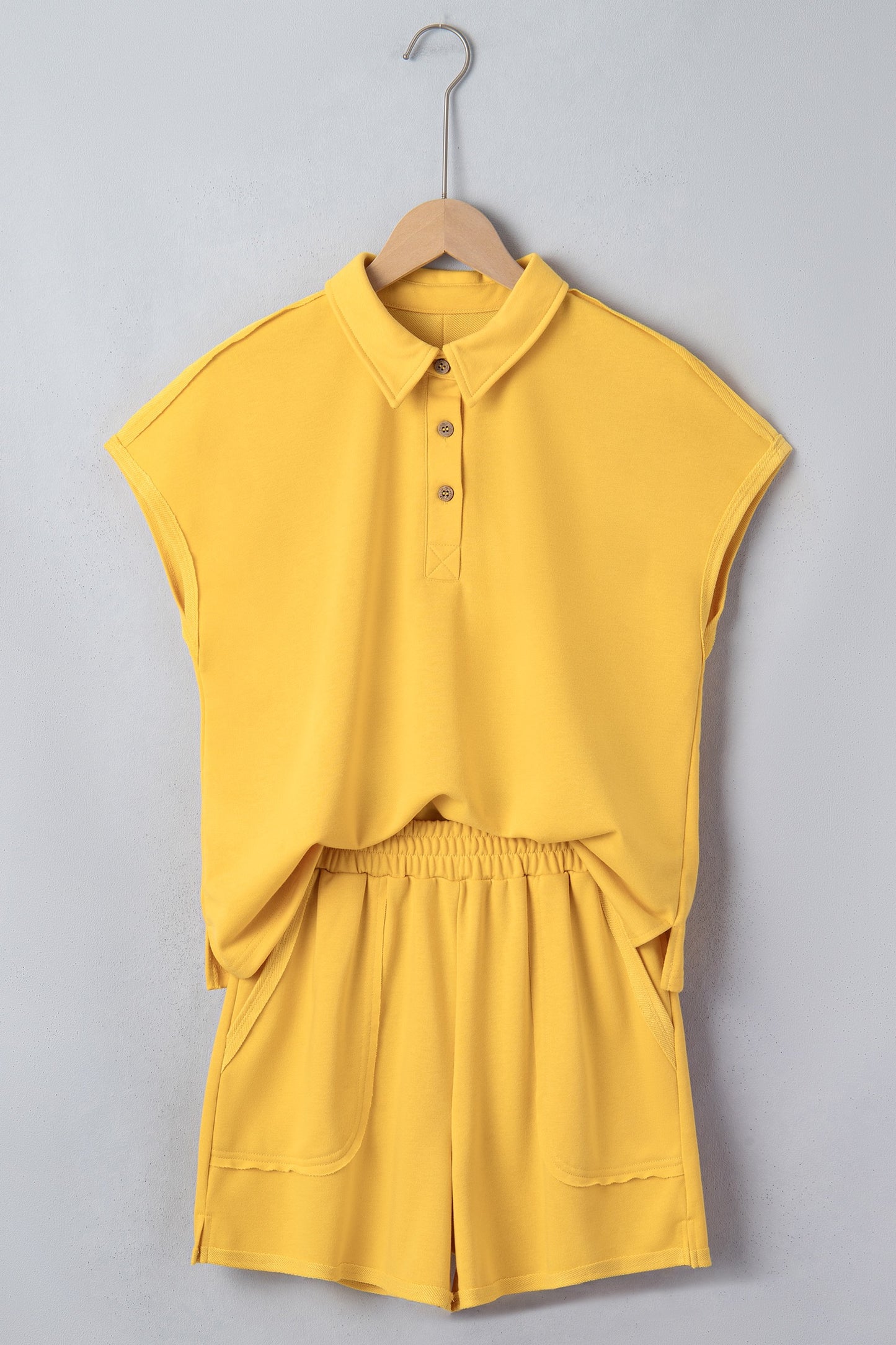 Banana Cream Loose Polo Tee Elastic Waist 2pcs Short Set