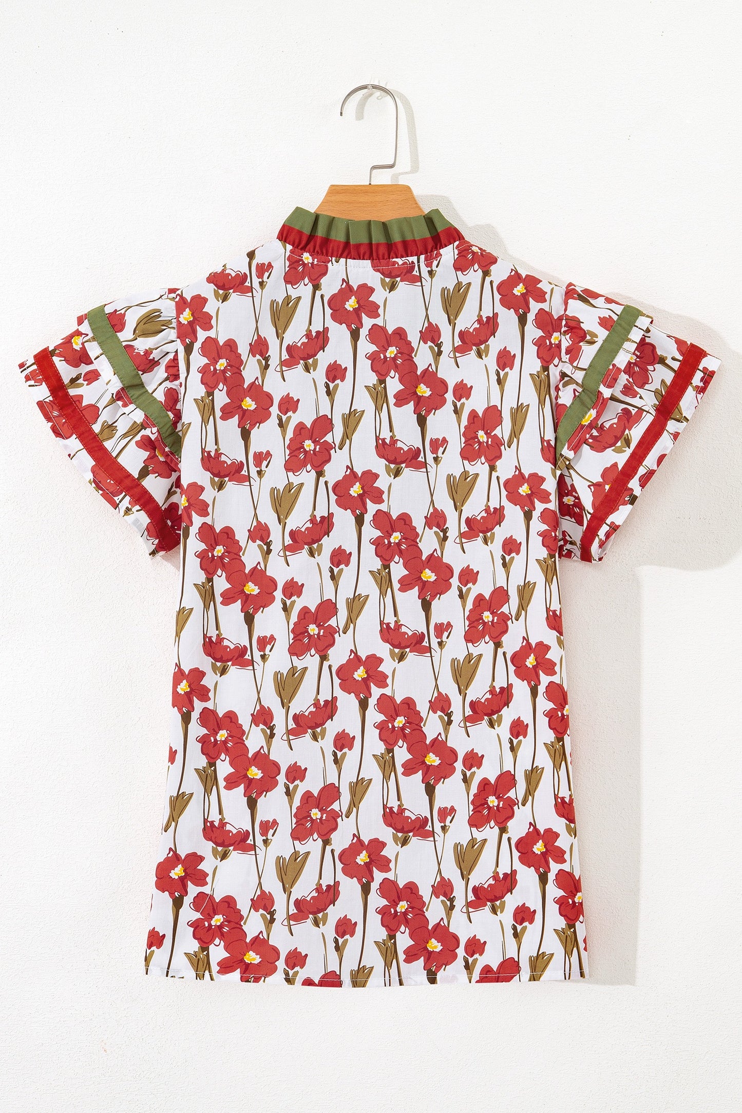 Red Floral Print Contrast Trim V Neck Double Ruffled Short SleeveTop