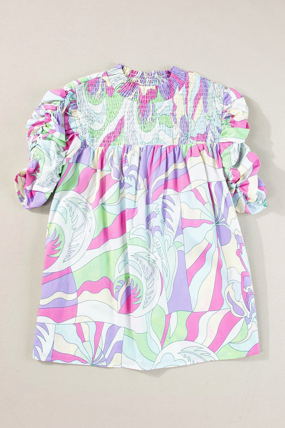 Green Smocked Blouse with Bubble Sleeve