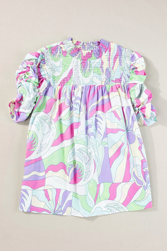 Green Smocked Blouse with Bubble Sleeve