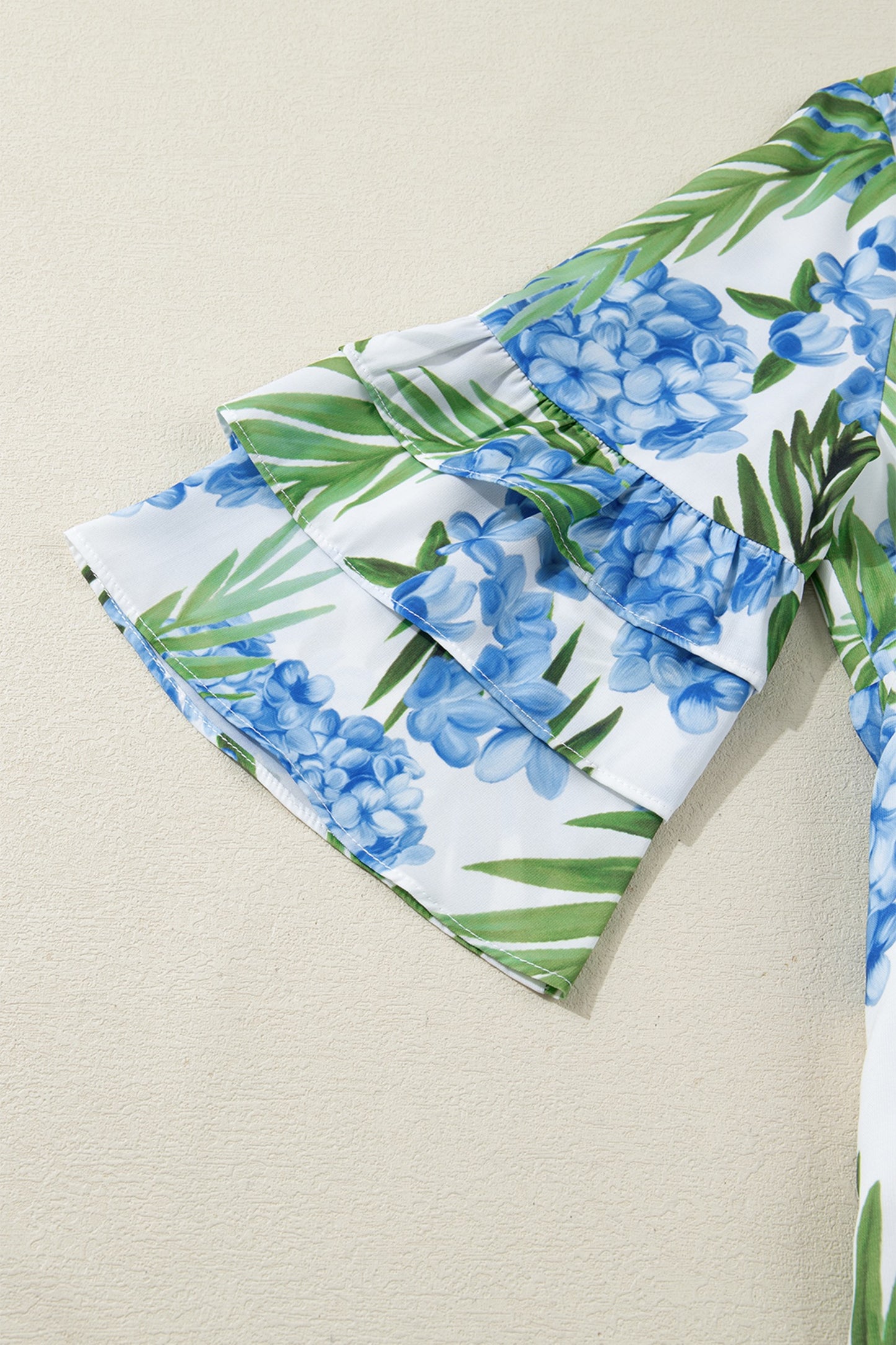 Blue Palm Floral Print Ribbon Knot Ruffle Tiered Sleeve Dress