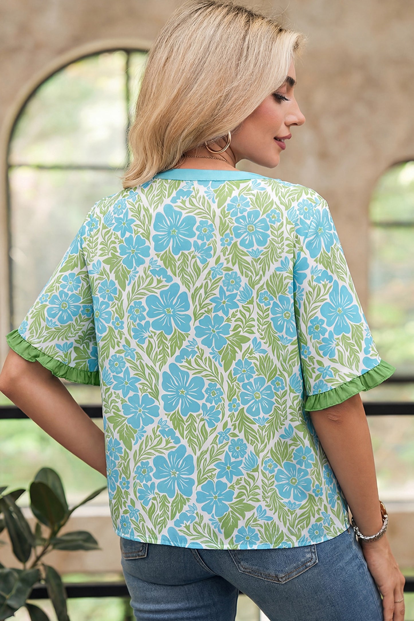 Blue Floral Print Ruffled Color Block Trim Half Sleeve Blouse