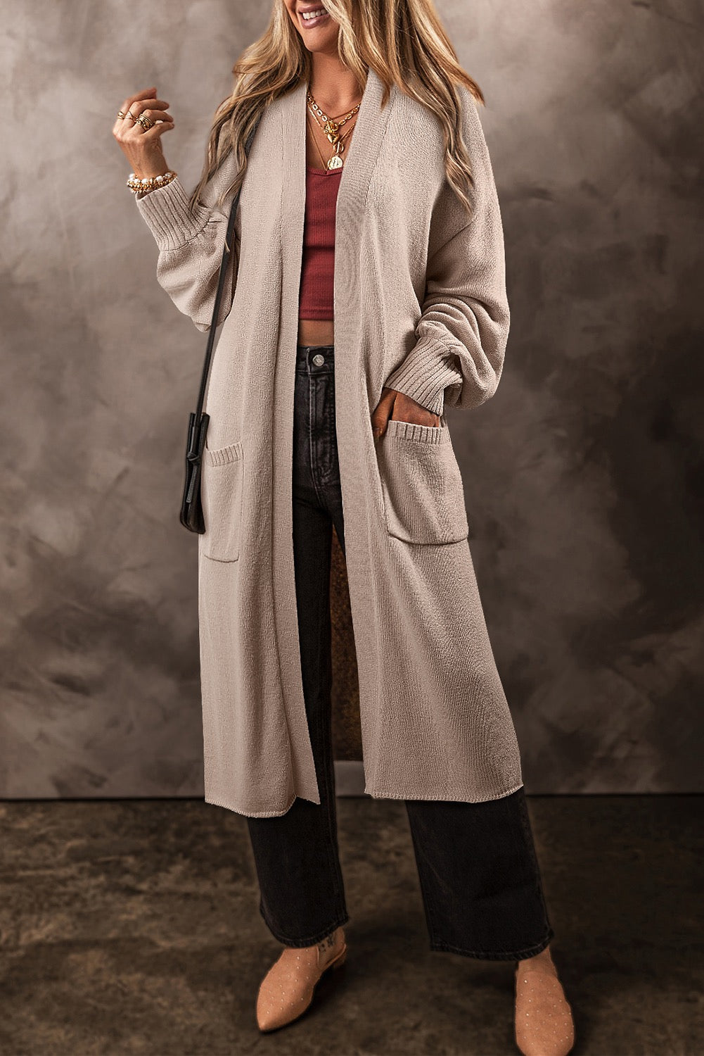 Beige Knitted Long Cardigan
