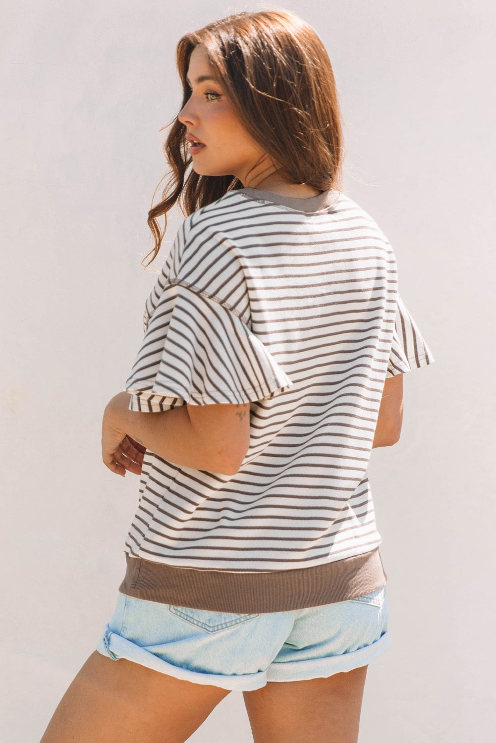 Brown Contrast Detail Striped Ruffle Short Sleeve Top
