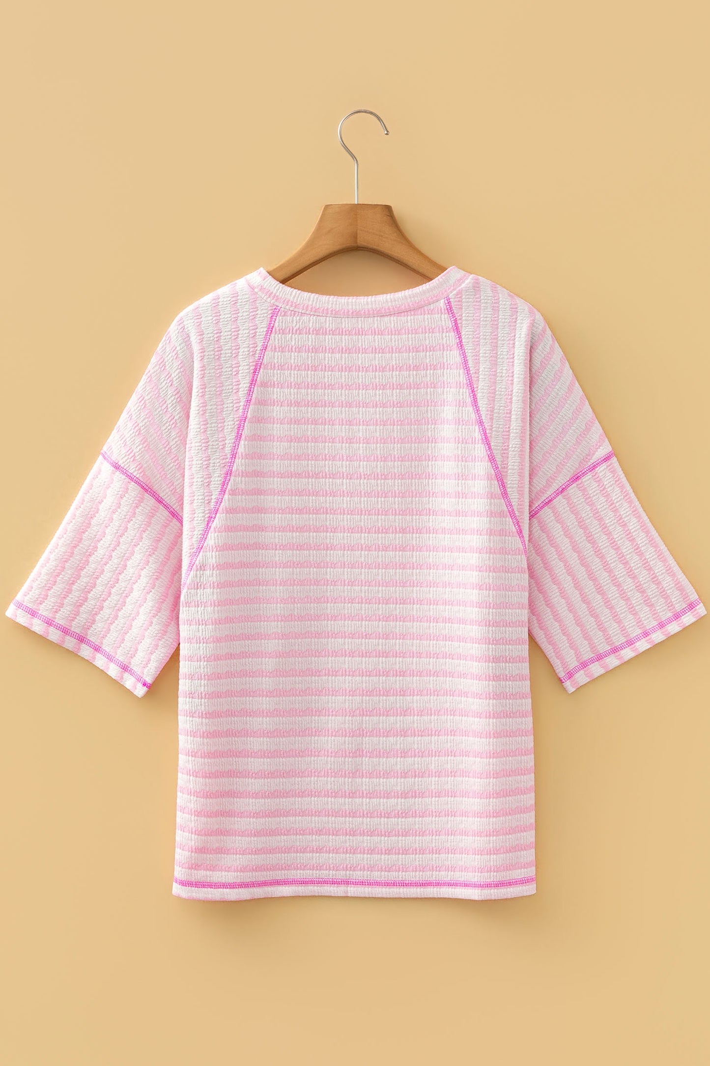 Pink Stripe Scallop Lace Trim Ruffle Short Sleeves Crewneck Top