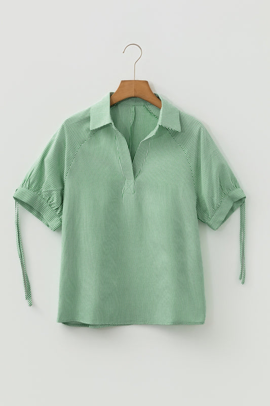 Mint Green Striped Print Collared Split Neck Half Sleeve Blouse