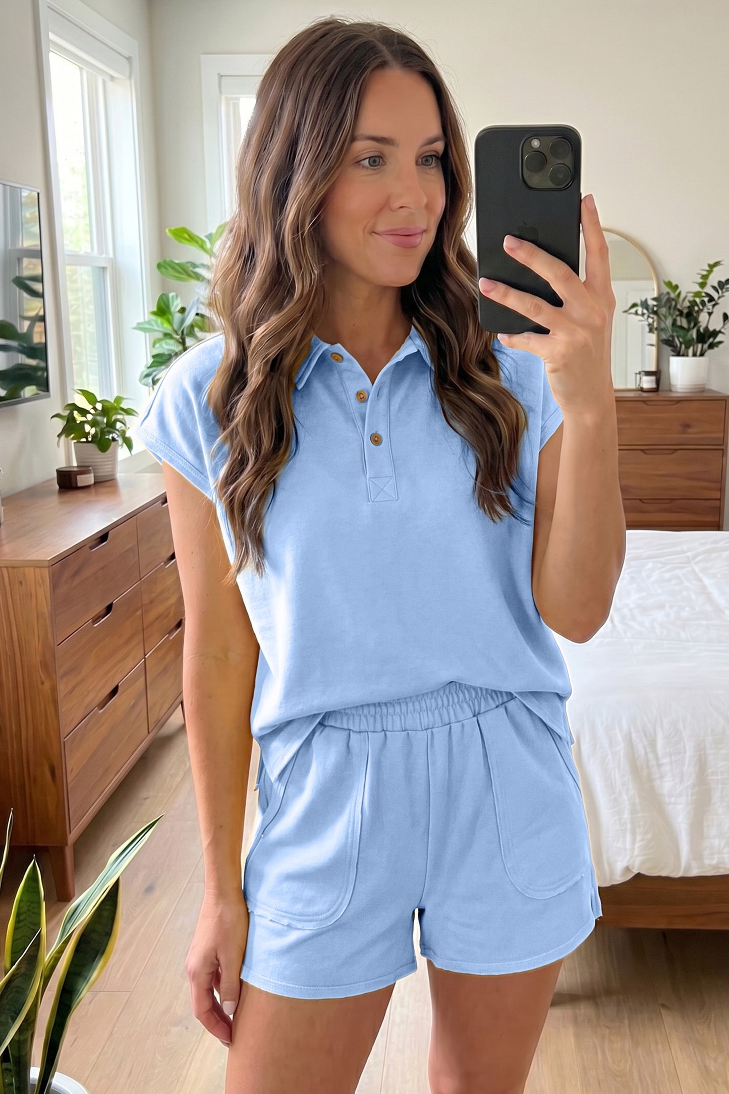 Blue Loose Polo Tee Elastic Waist Shorts Set