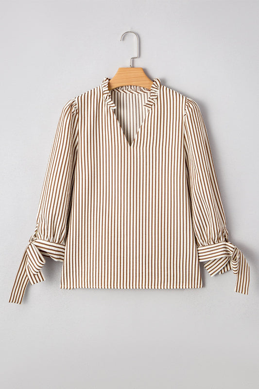Striped Print Tied Cuffs Split Neck Seersucker Blouse