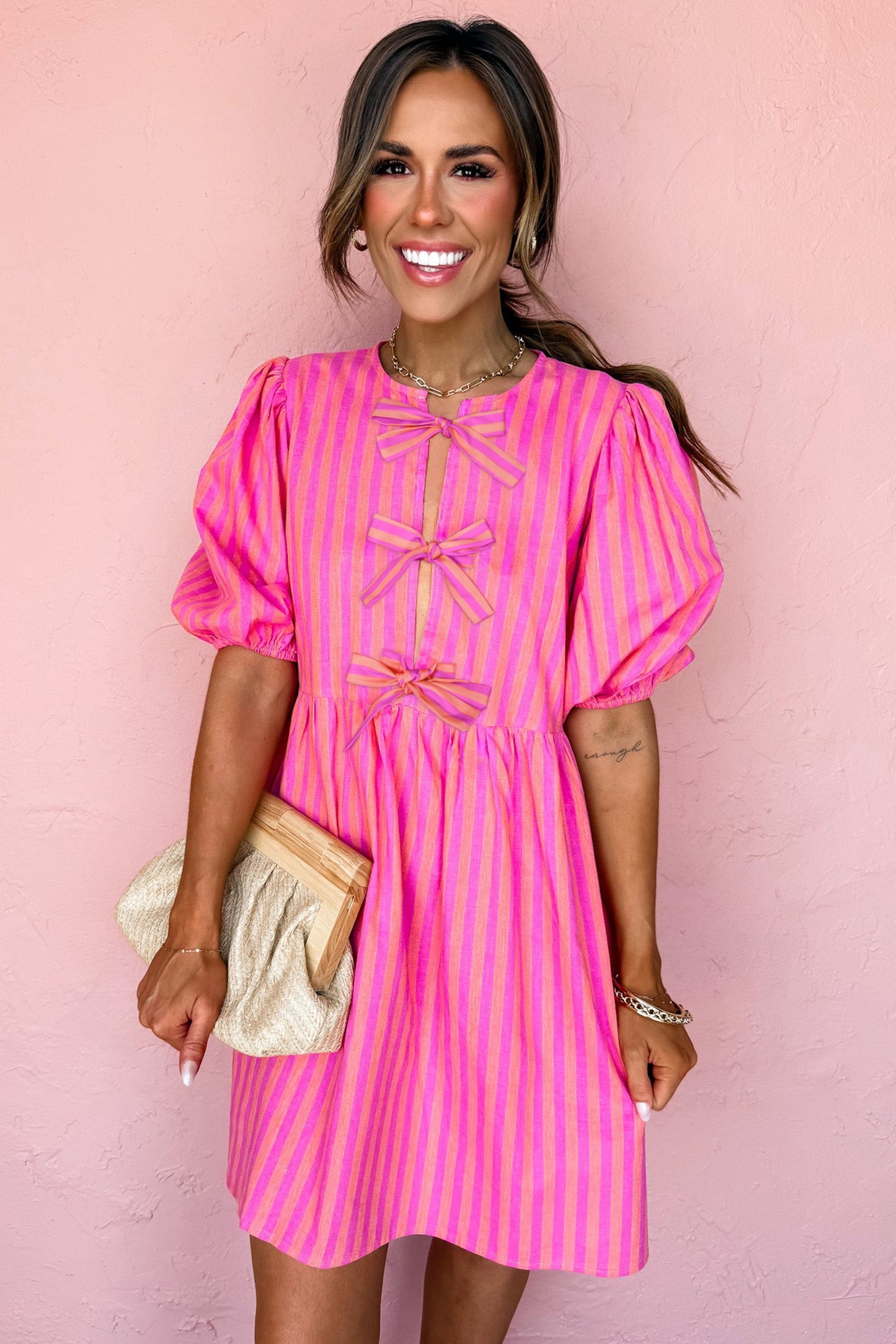 Rose Striped Print Bow Detail Short Puff Sleeve Dress
