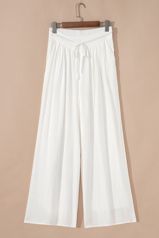 White Solid Drop Waist Pleated Wide Leg Pants