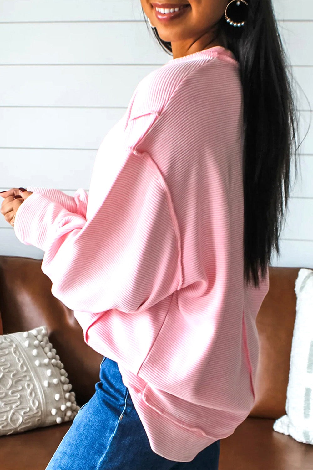 Pink Horizontal Ribbed Exposed Seam Long Sleeve Top