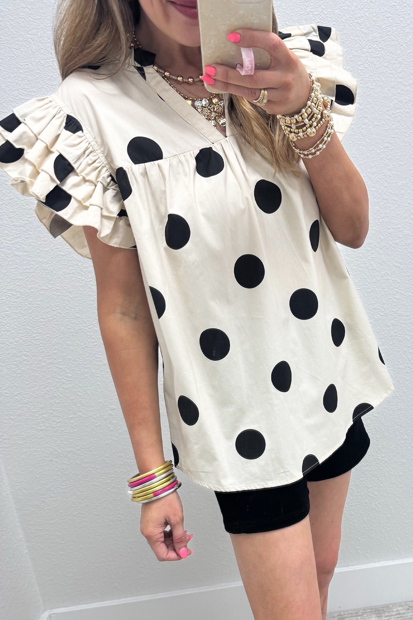Polka Dot V-Neck Ruffle Short Sleeve Shift Blouse