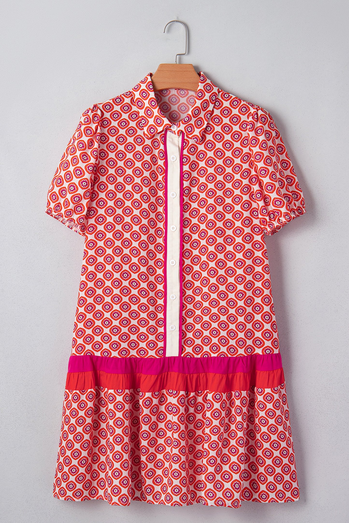Geometric Floral Print Button Front Ruffle Hem Dress
