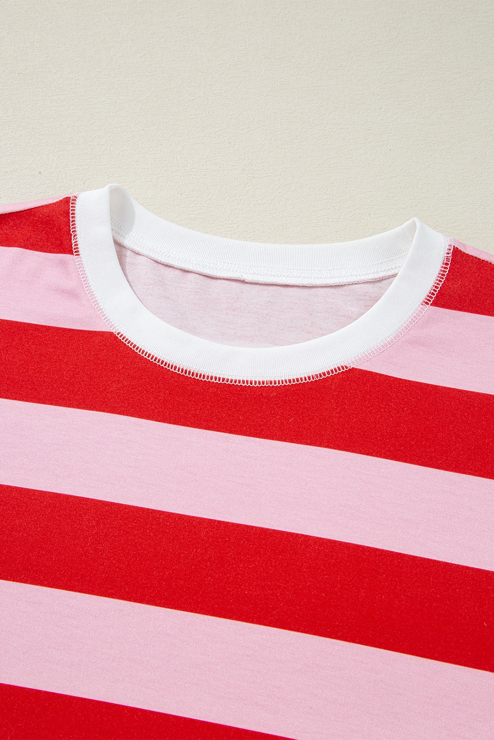 Pink Stripe Patchwork Round Neck Side Split Loose Tee
