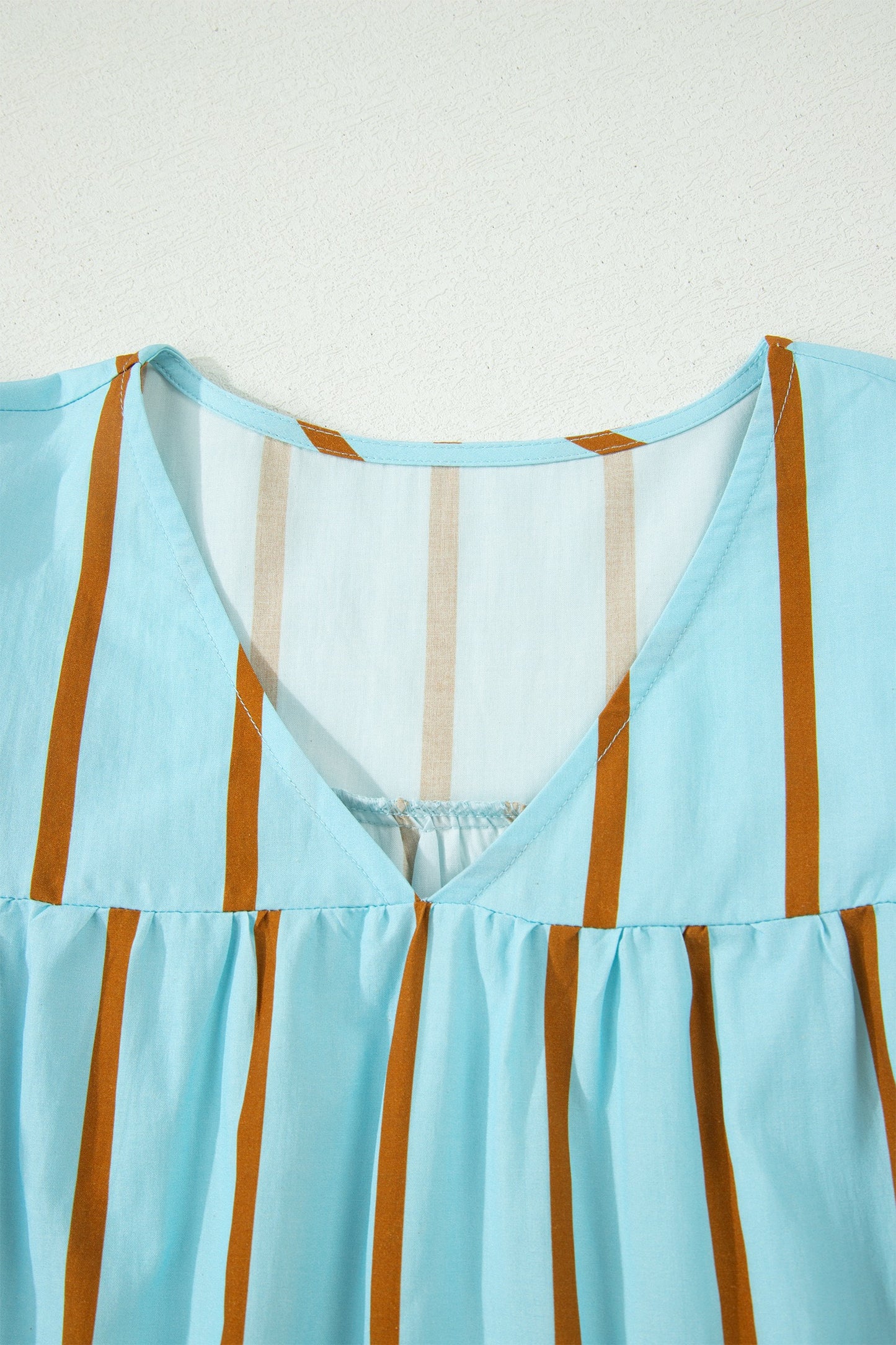 Sky Blue Stripe Ricrac Trim Double Ruffled Short Sleeve V Neck Blouse (ships 5/1)