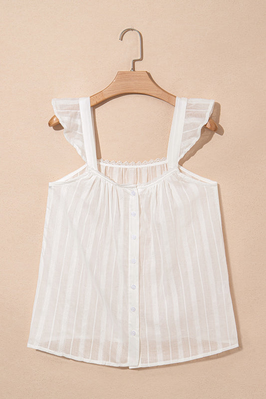 White Lace Crochet Ruffled Buttoned Loose Fit Tank