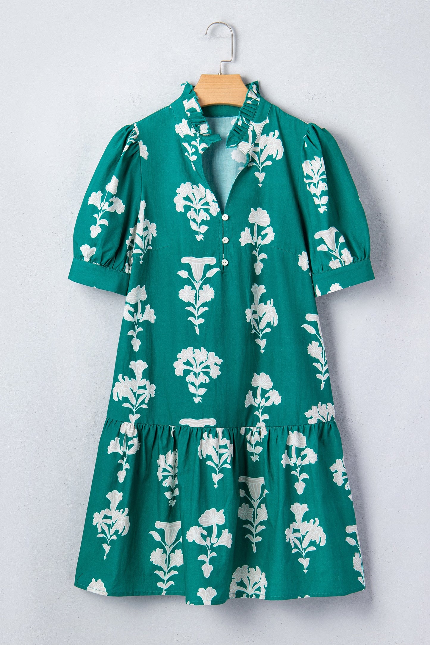 Floral Print Frilled Collar Short Puff Sleeve Dress