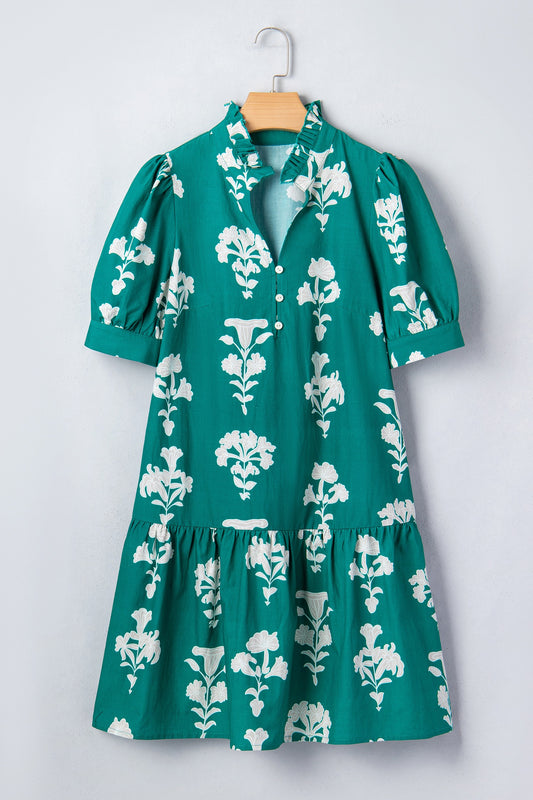Floral Print Frilled Collar Short Puff Sleeve Dress
