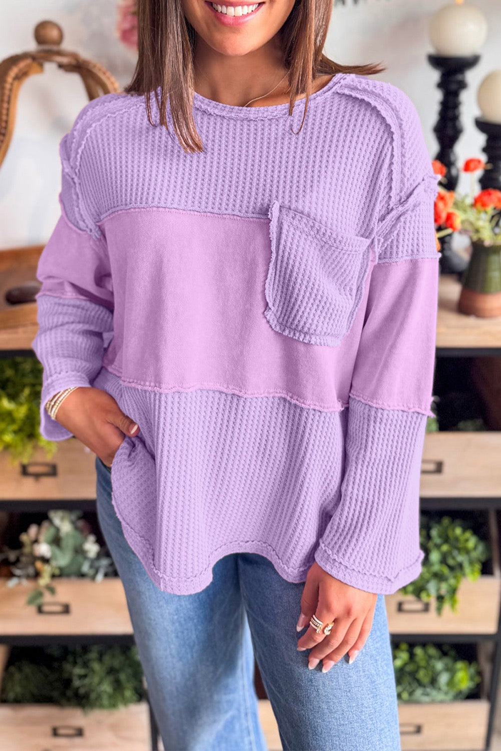 Knit Contrast Textured Patchwork Long Sleeve Top