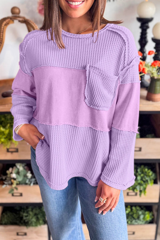 Knit Contrast Textured Patchwork Long Sleeve Top