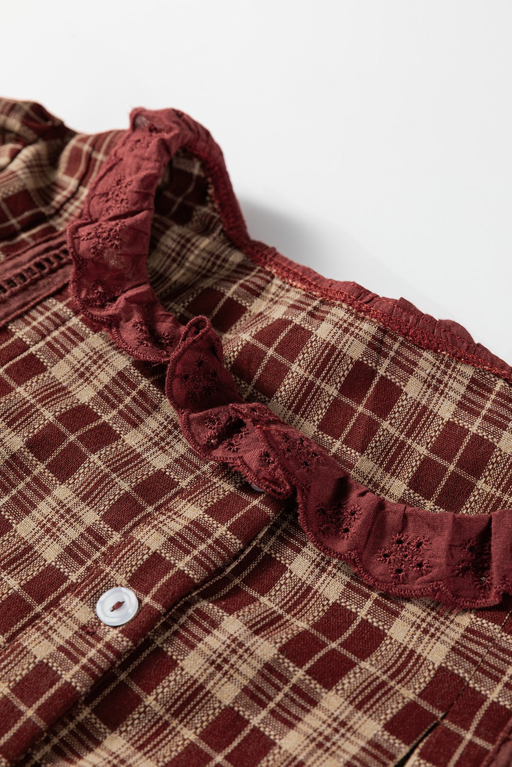 Plaid Eyelet Lace Trim Button Down Loose Long Sleeve Shirt