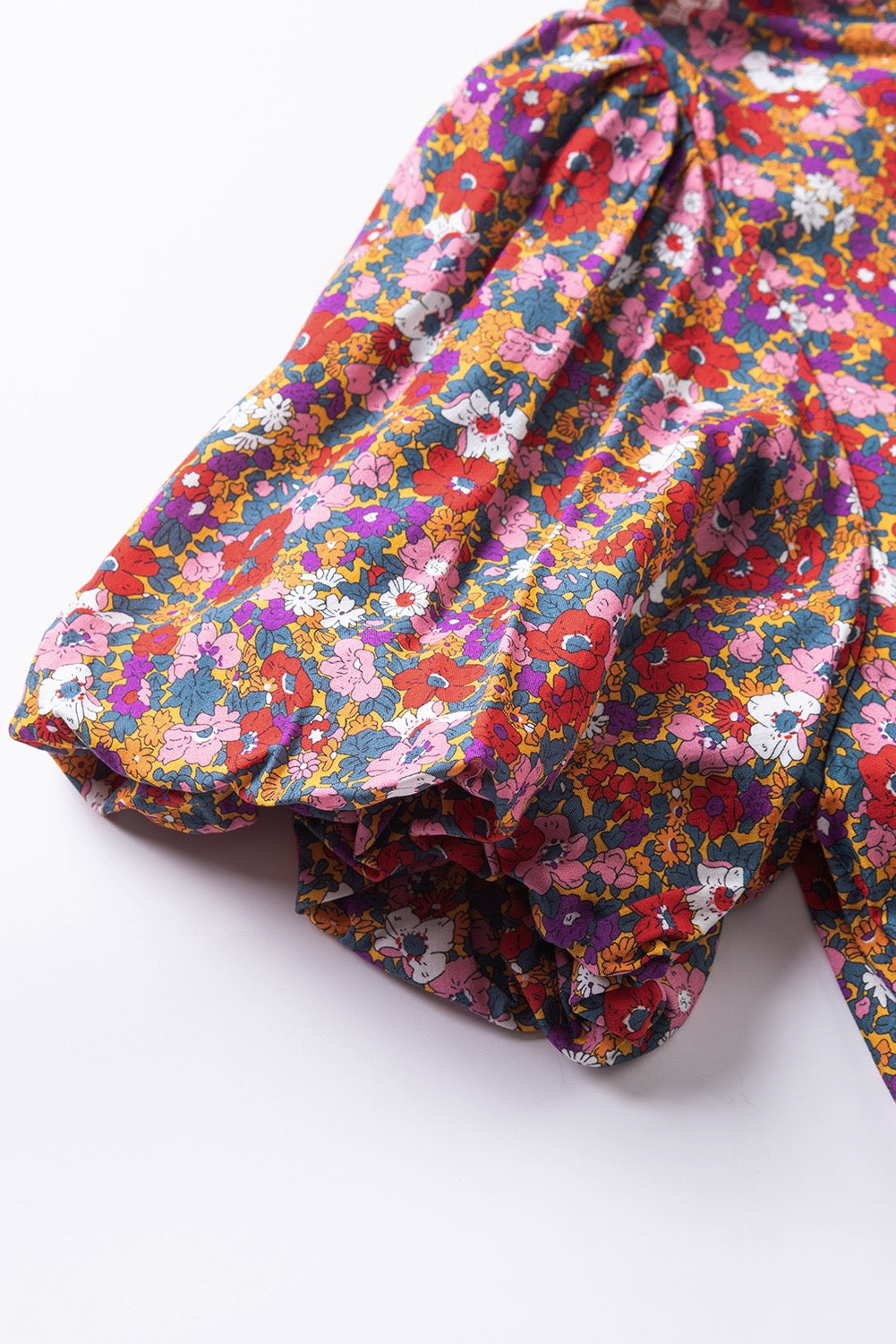 High Neck Puff Sleeve Purple Floral Blouse