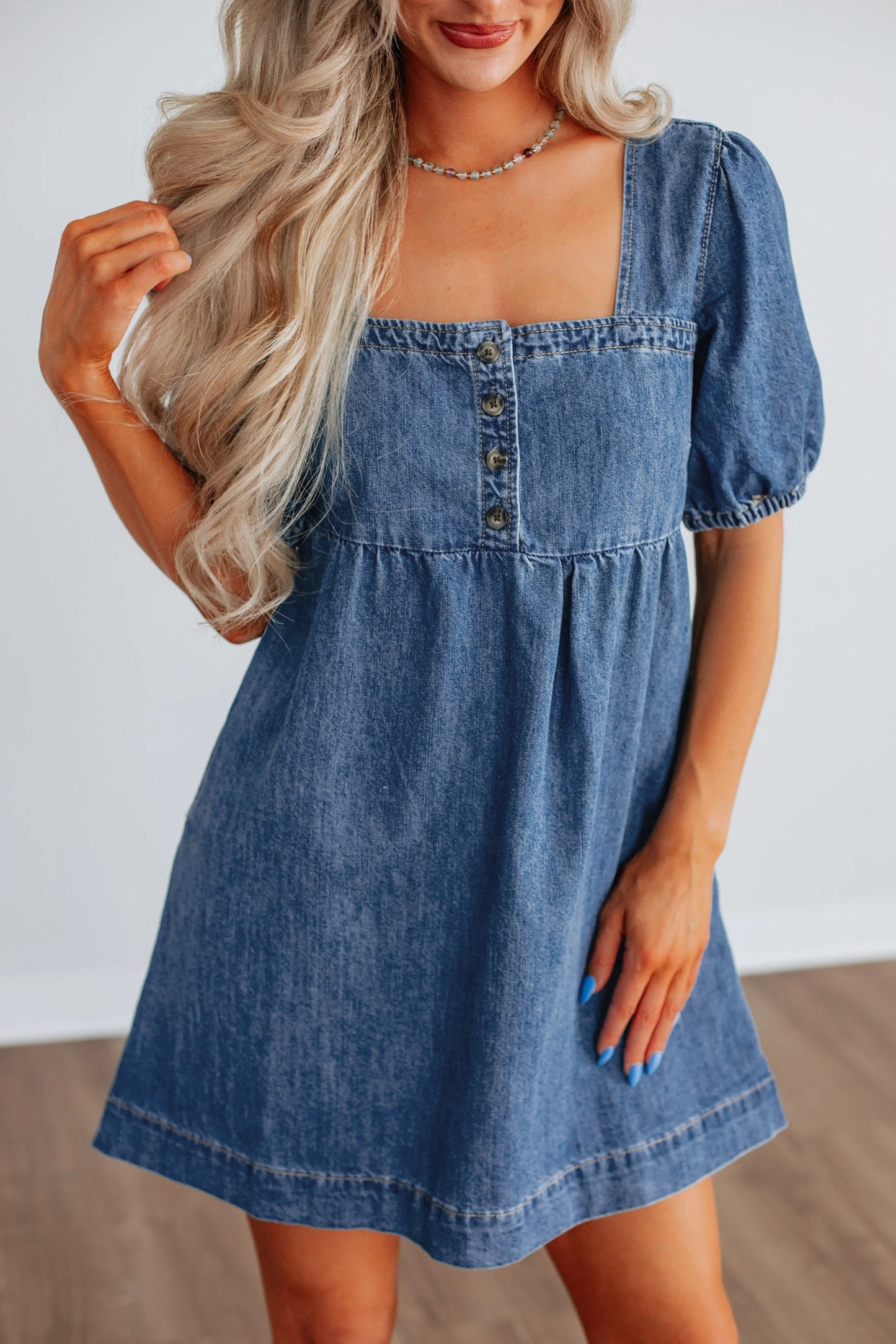 Square Neck Short Puff Sleeve Denim Dress