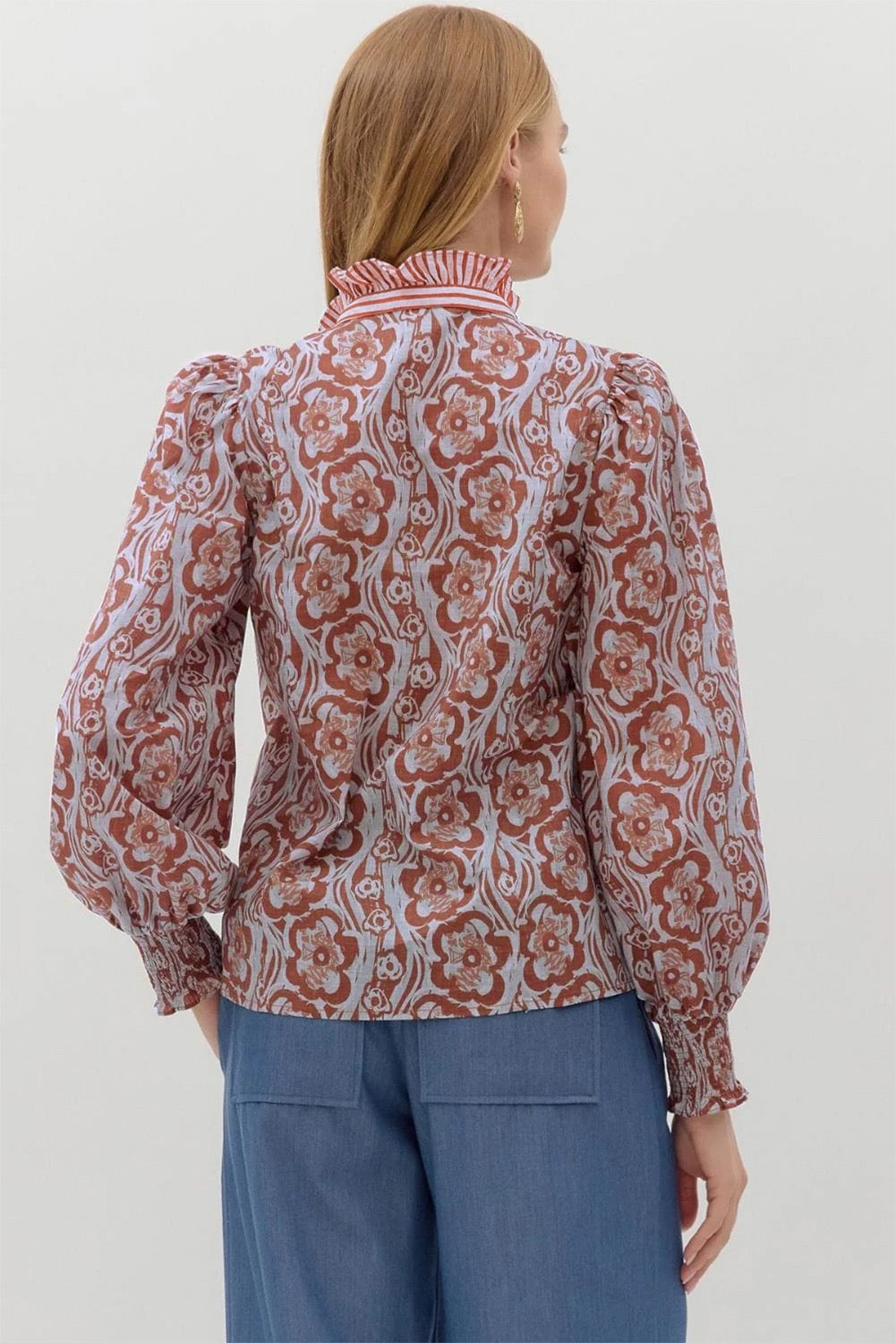 Floral Print Frilled Striped Trim Button Down Smocked Cuffs Long Sleeve Shirt