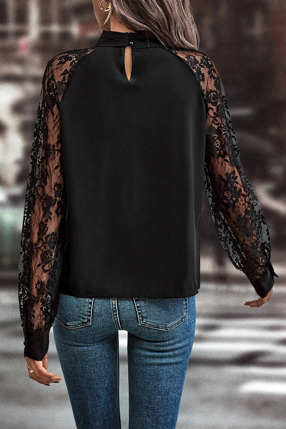 Black Keyhole Neckline Floral Lace Raglan