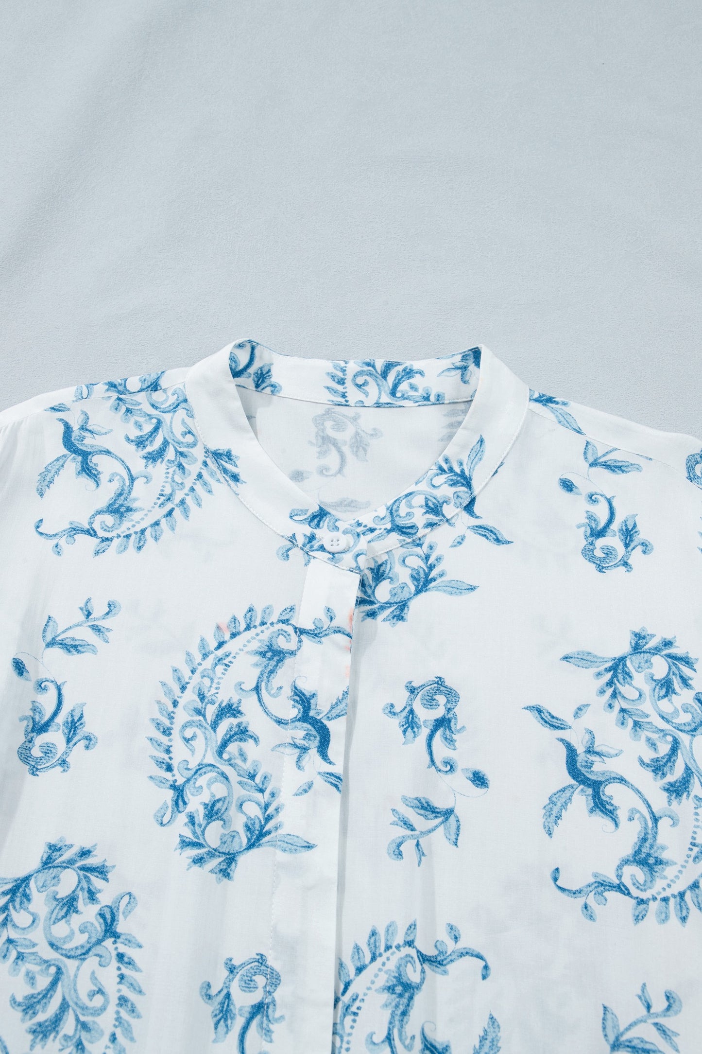 Sky Blue Plus Size Geometric Floral Print Button Split Neck Short Sleeve Maxi Dress (ships mid April)