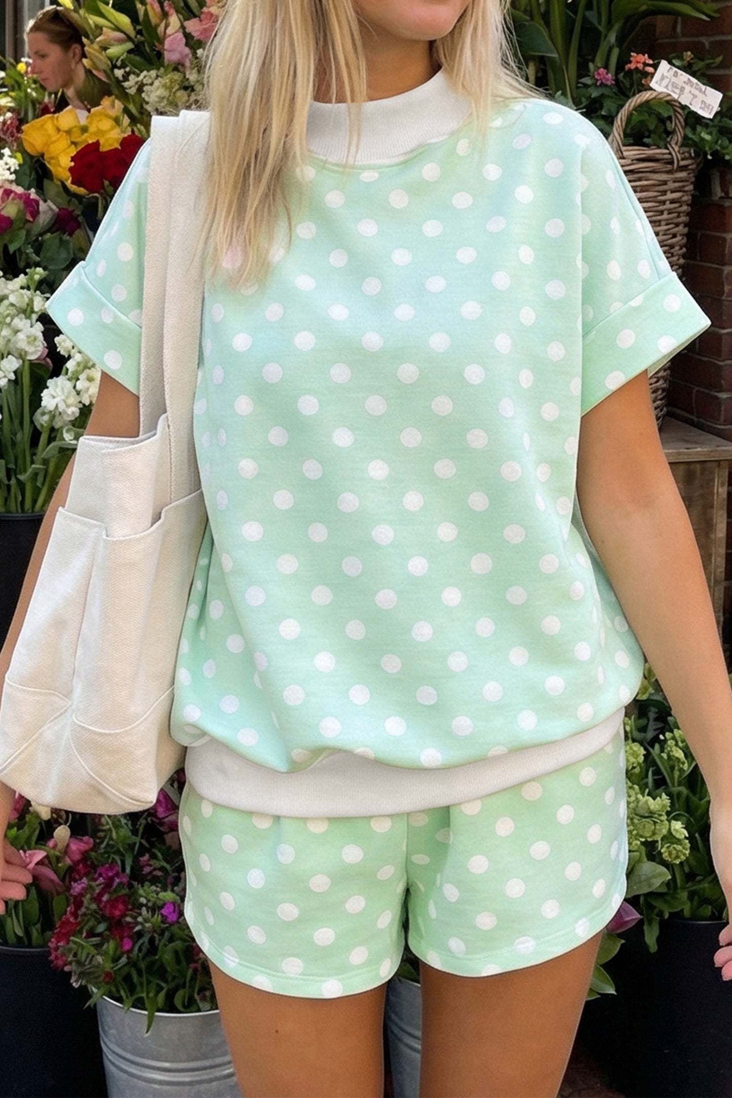 Jade Polka Dot Print Color Block Trim Mock Neck Short Set