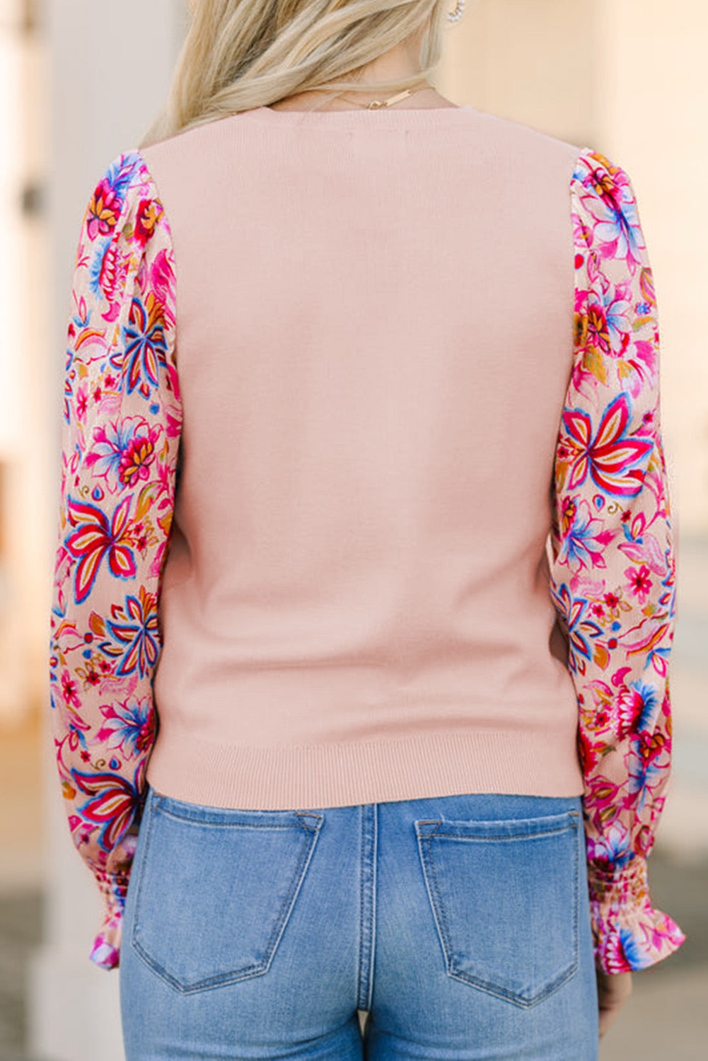 Apricot Knit Top with Floral Sleeves