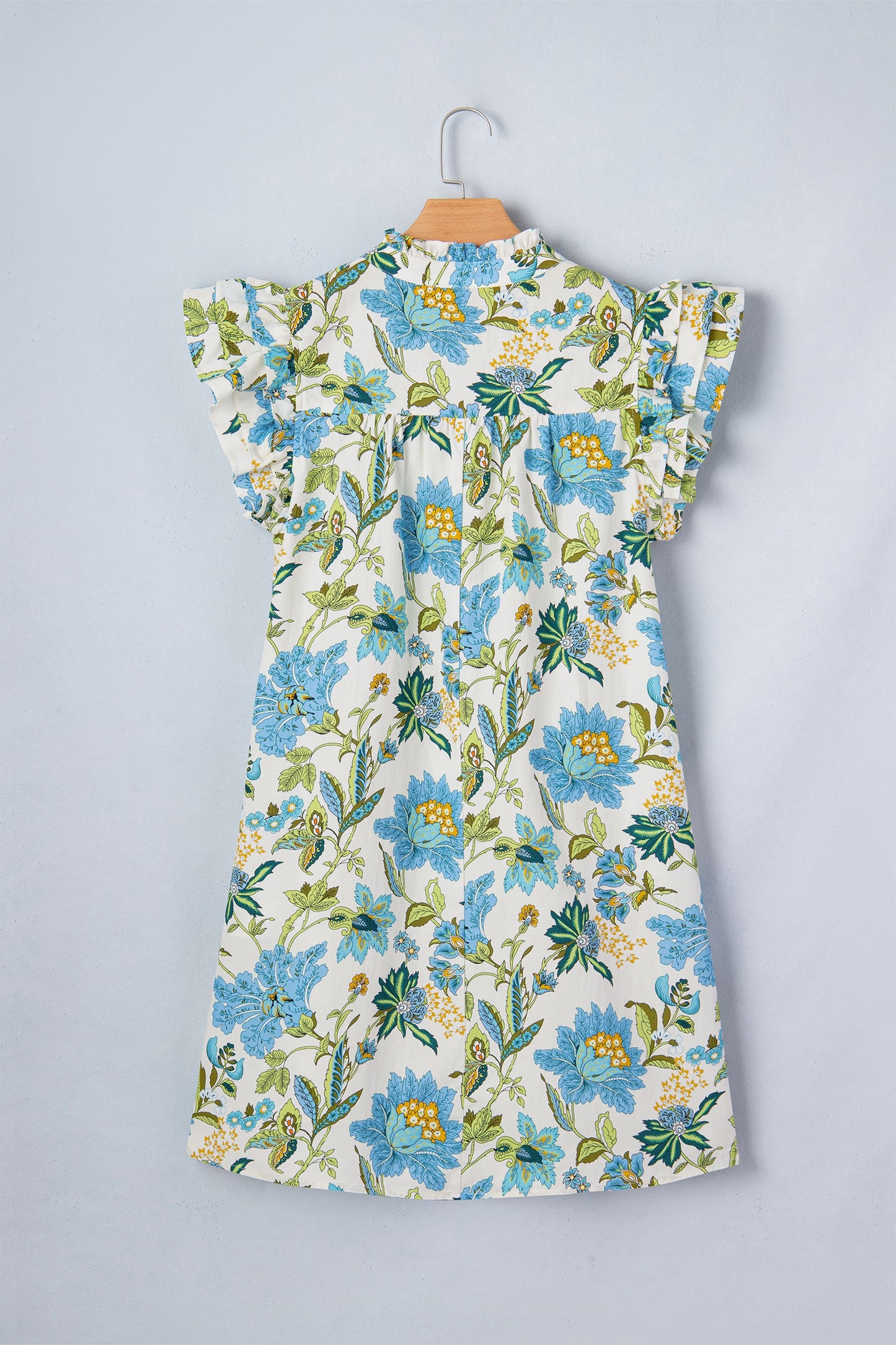 Beige Floral Print V Neck Triple Ruffle Short Sleeve Shift Dress