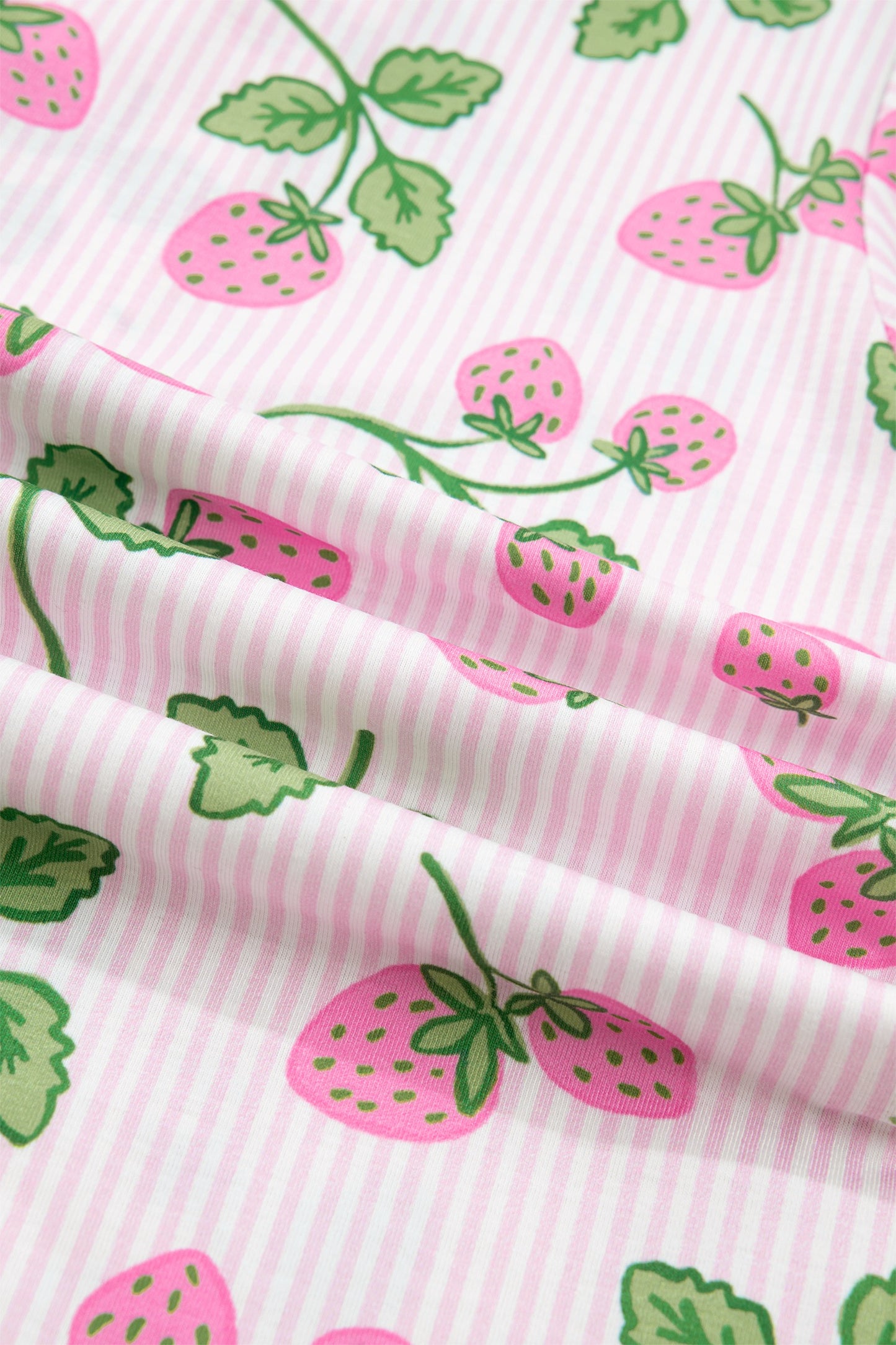 Pink Striped Strawberry Print Lapel Shirt Drawstring Shorts 2pcs Pajama Set