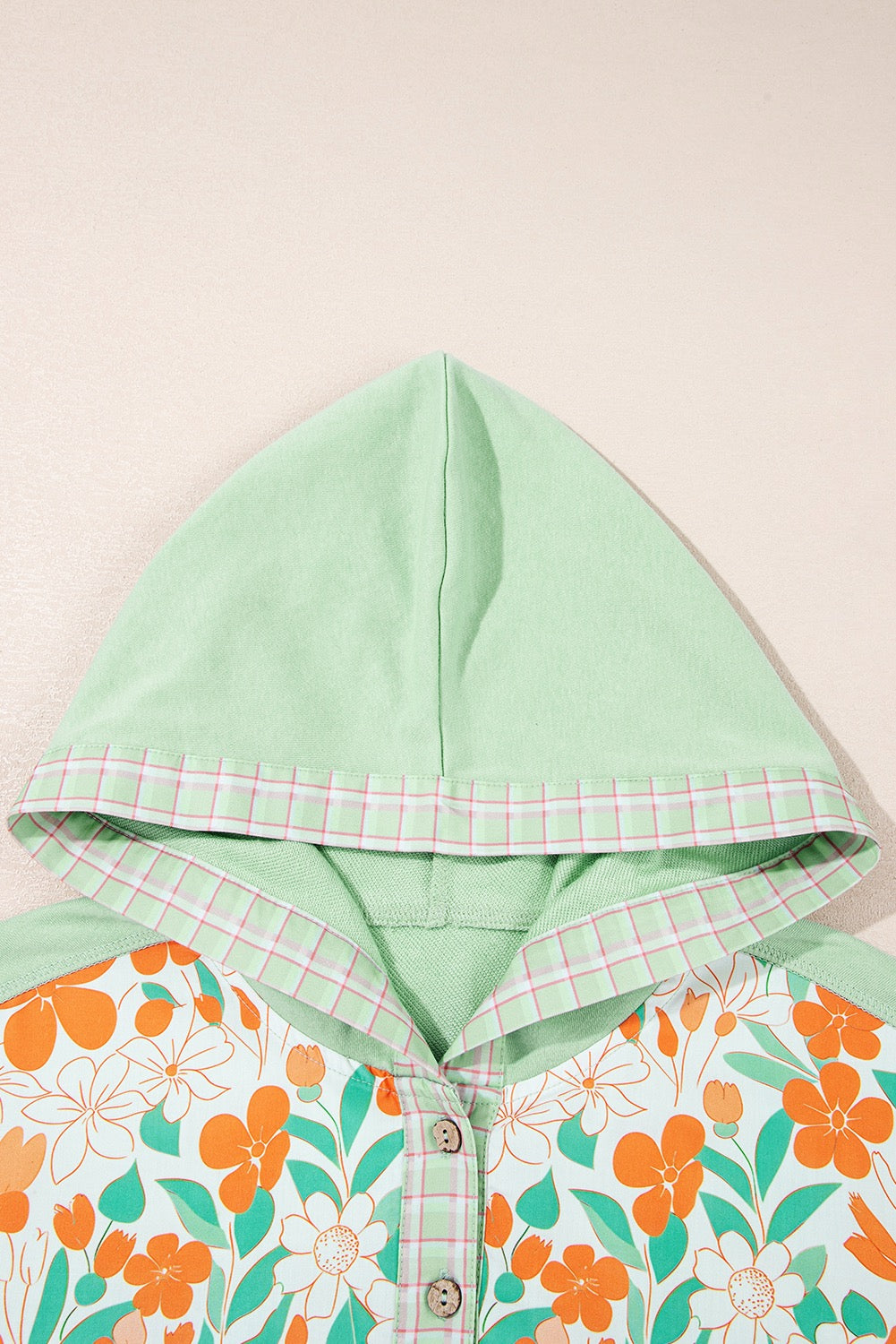 Clearly Aqua Lace Floral Patchwork Half Button Hooded Pullover