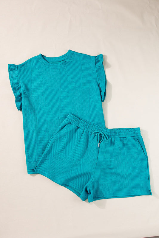 Turquoise Ruffle Sleeve Textured Shorts Set