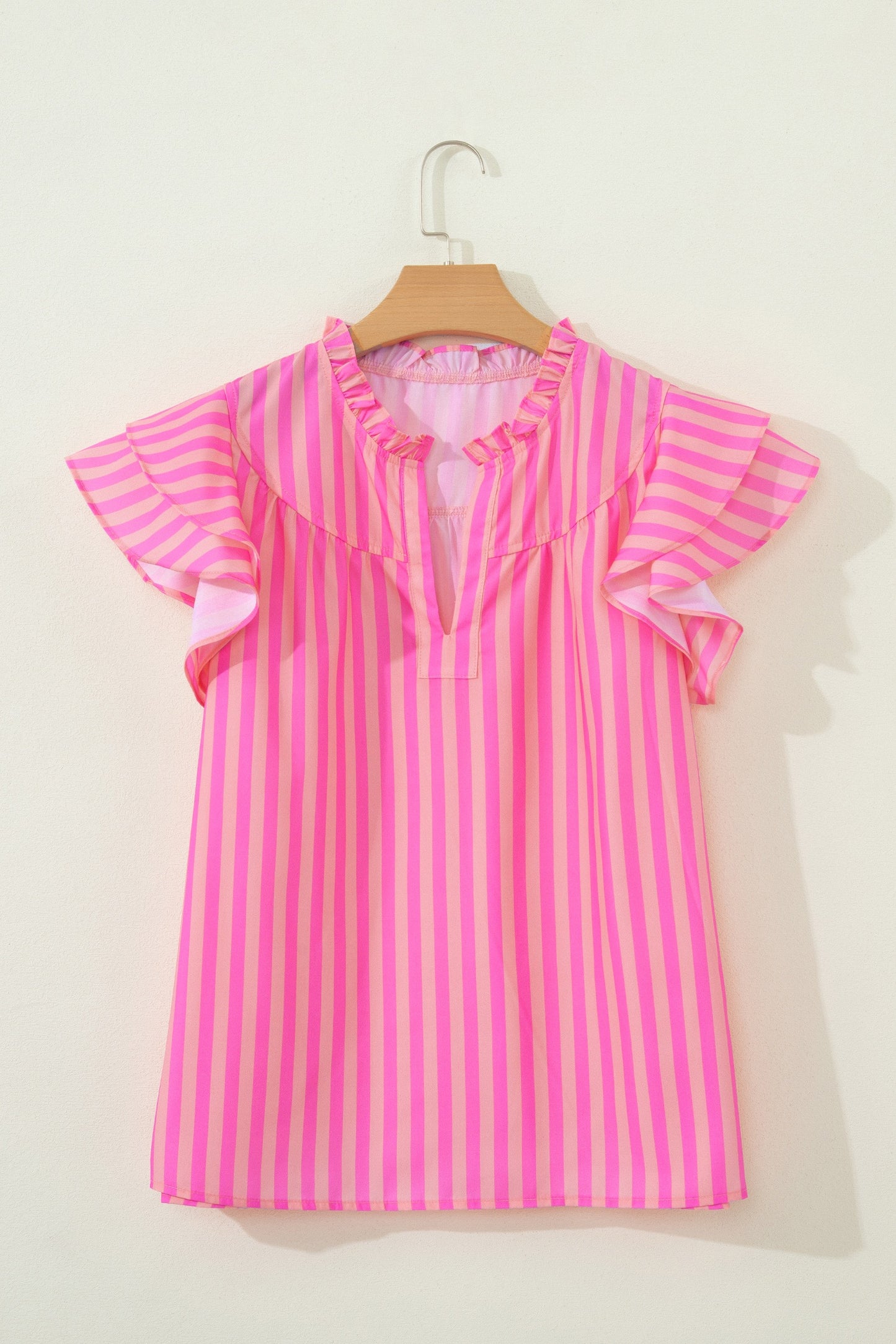 Pink Stripe Split Neck Ruffled Summer Top
