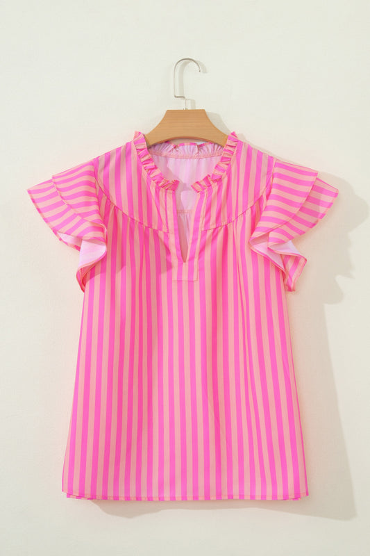 Pink Stripe Split Neck Ruffled Summer Top