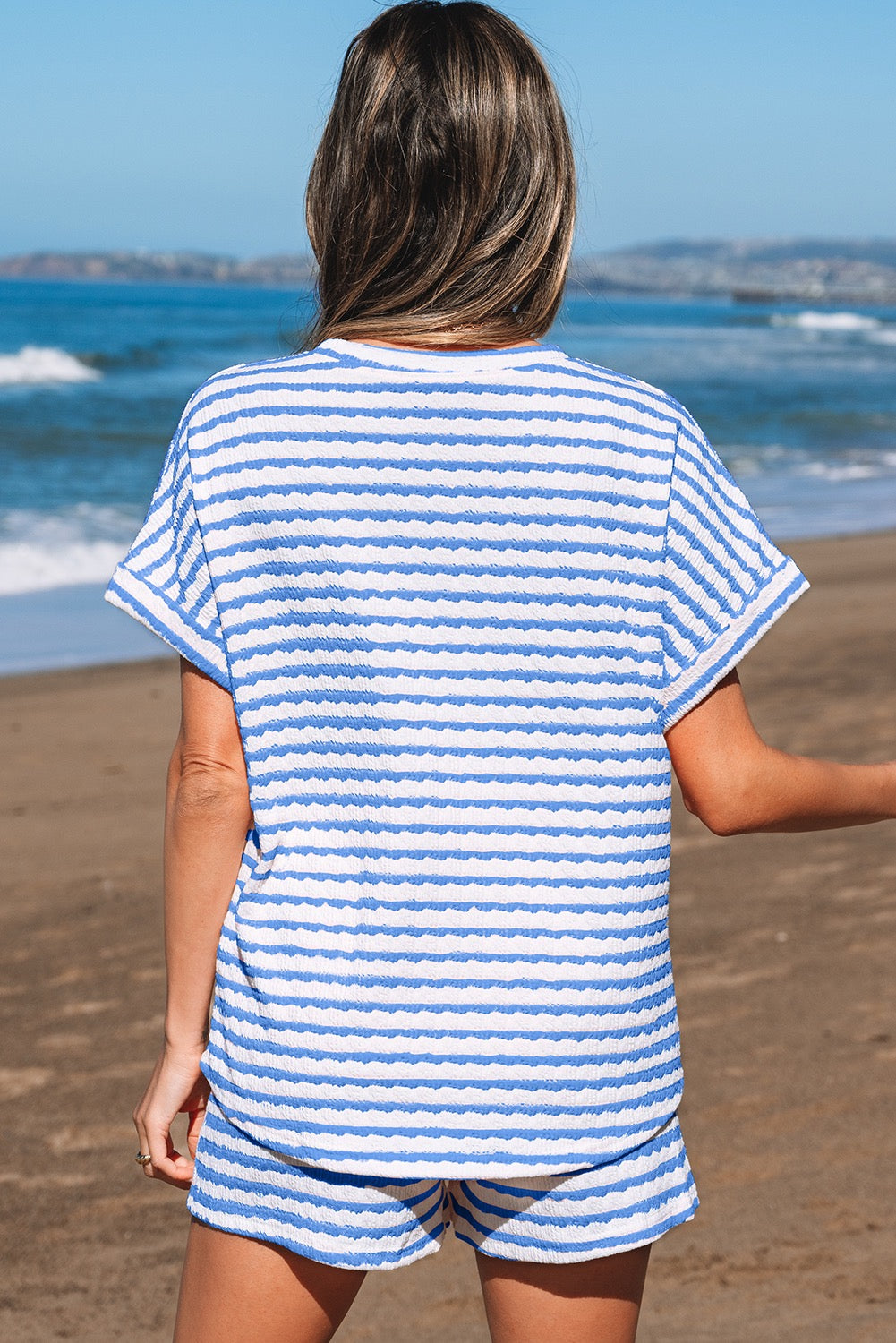 Blue Stripe Knitted Short Sleeve Top and Drawstring Shorts Set