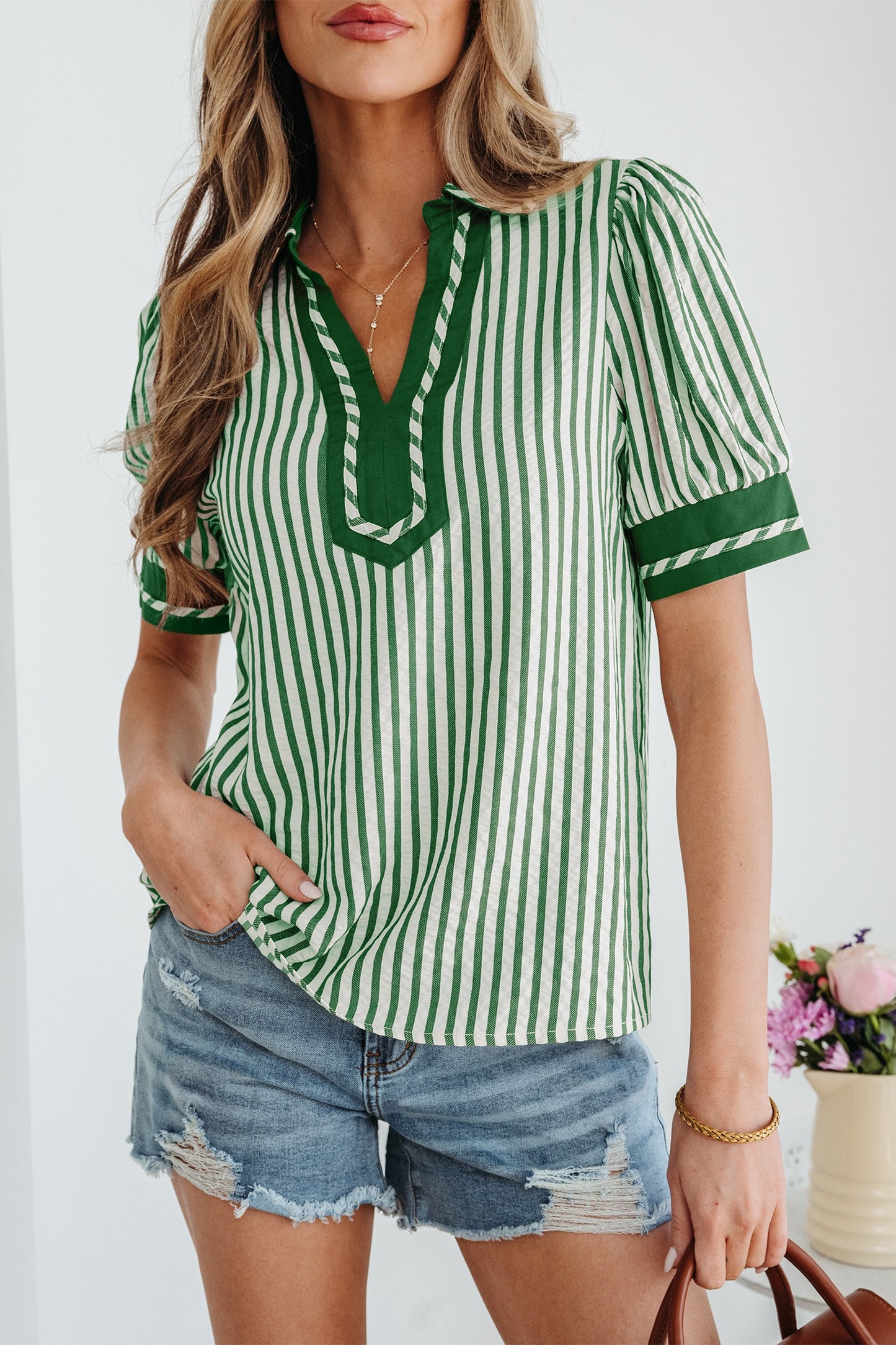 Green Stripe Double Ruffled Short Sleeve Top