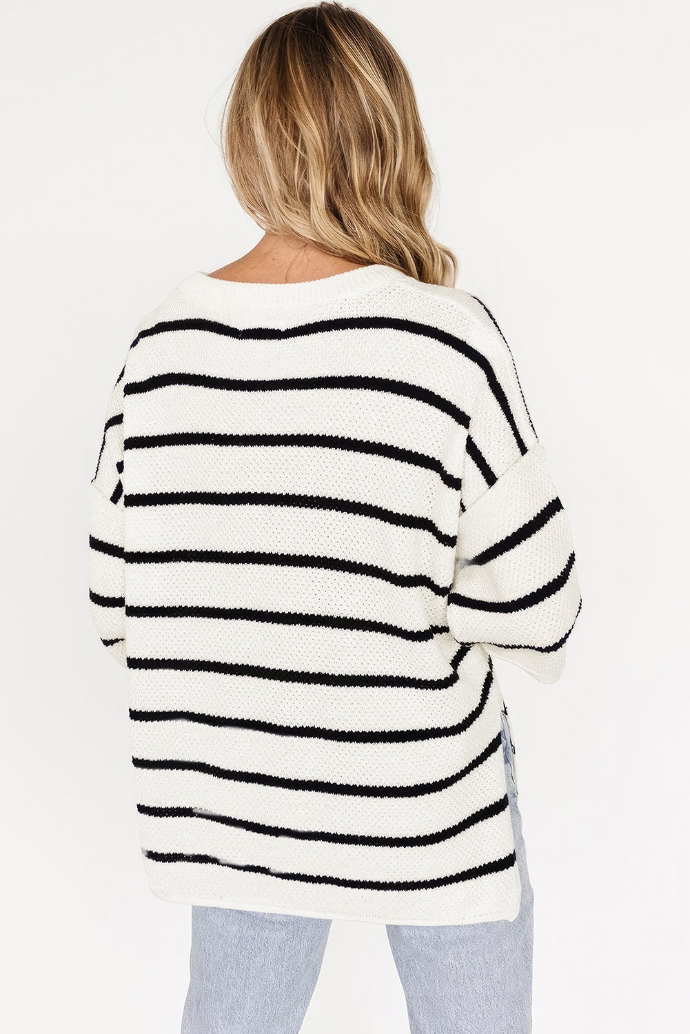 White Stripe Henley Buttoned Placket Drop Shoulder Sweater Knit Tee