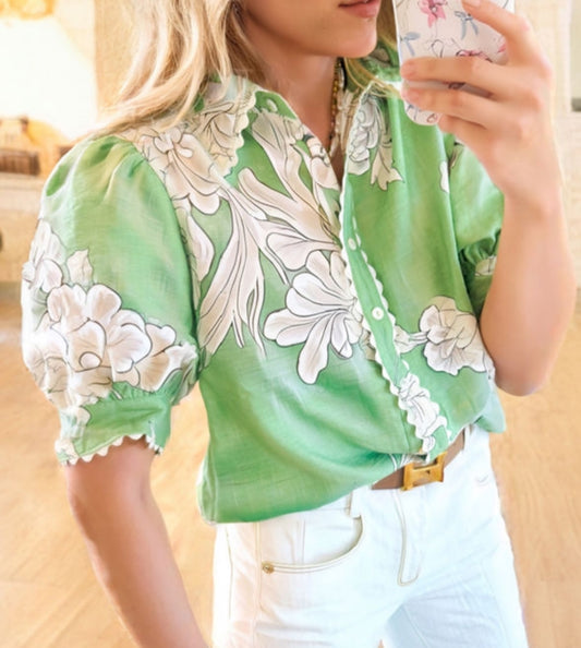 Light Green Floral Ric Rac Trim Puff Sleeve Button Up Shirt