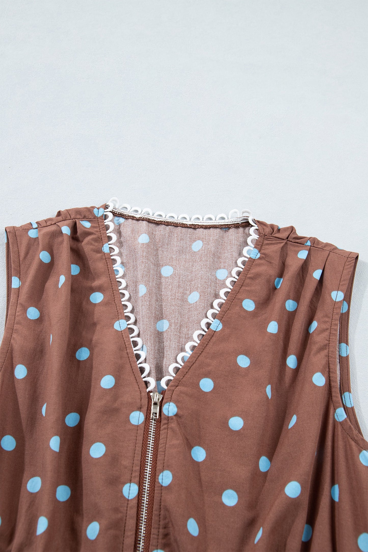 Brown Polka Dot Print Contrast Trim V Neck Zip Up Sleeveless Dress