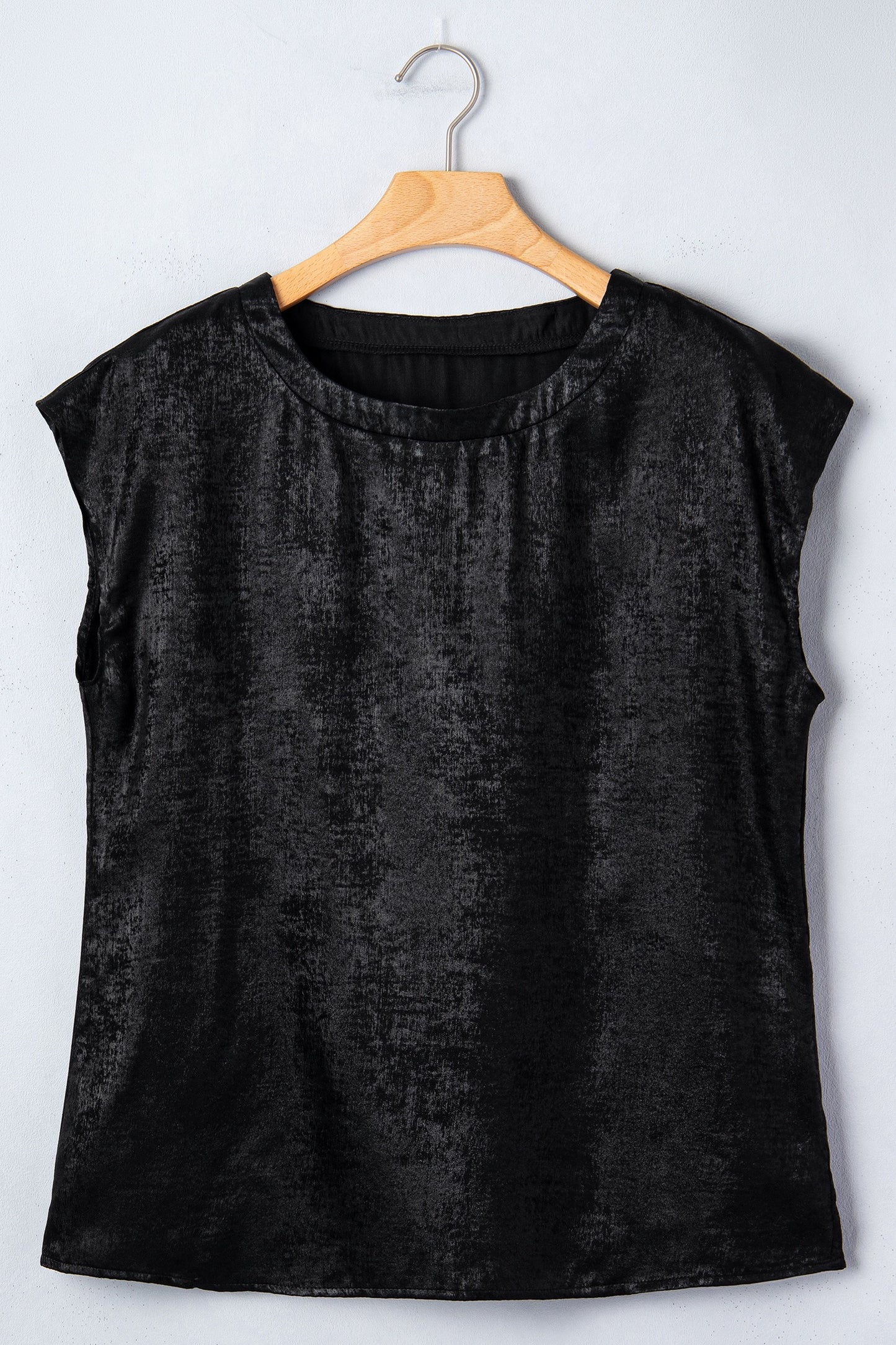 Black Metallic Round Neck Cap Sleeve Top